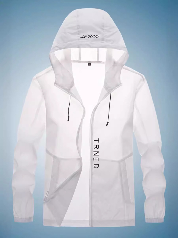 Férfi napvédő kabát, vékony, légáteresztő, kapucnival, cipzárral és több zsebbel