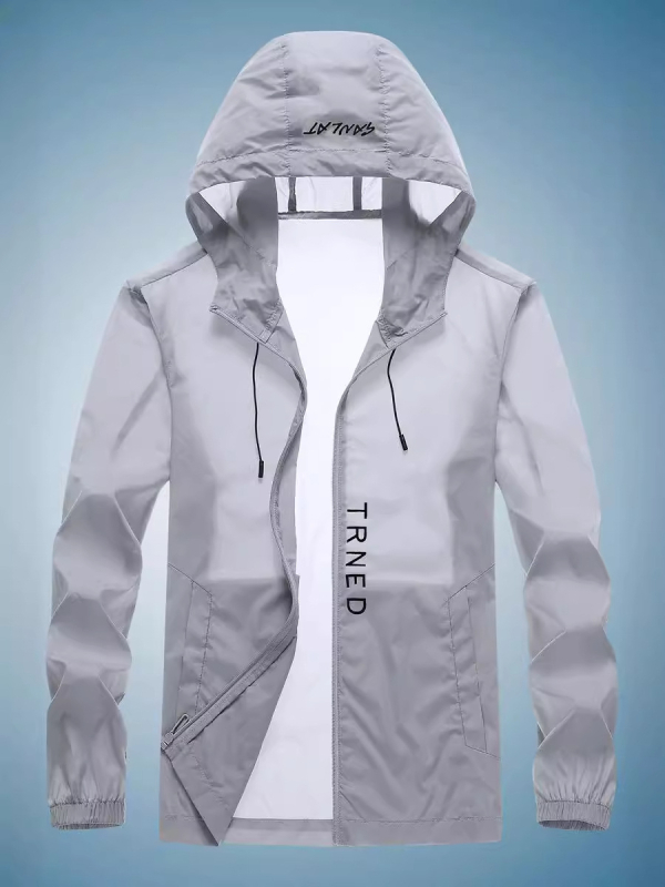 Férfi napvédő kabát, vékony, légáteresztő, kapucnival, cipzárral és több zsebbel
