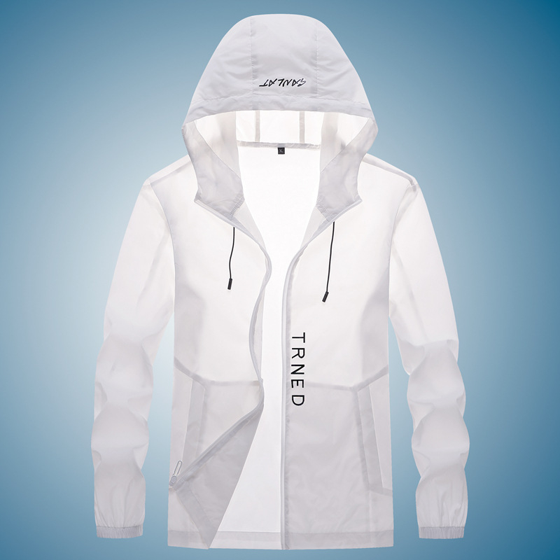 Férfi napvédő kabát, vékony, légáteresztő, kapucnival, cipzárral és több zsebbel