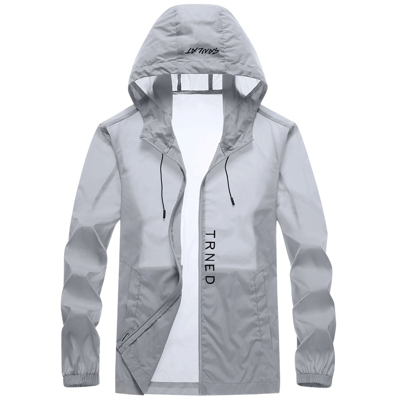 Férfi napvédő kabát, vékony, légáteresztő, kapucnival, cipzárral és több zsebbel