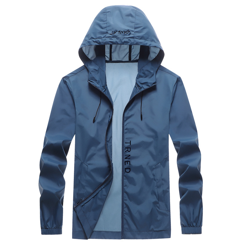 Férfi napvédő kabát, vékony, légáteresztő, kapucnival, cipzárral és több zsebbel