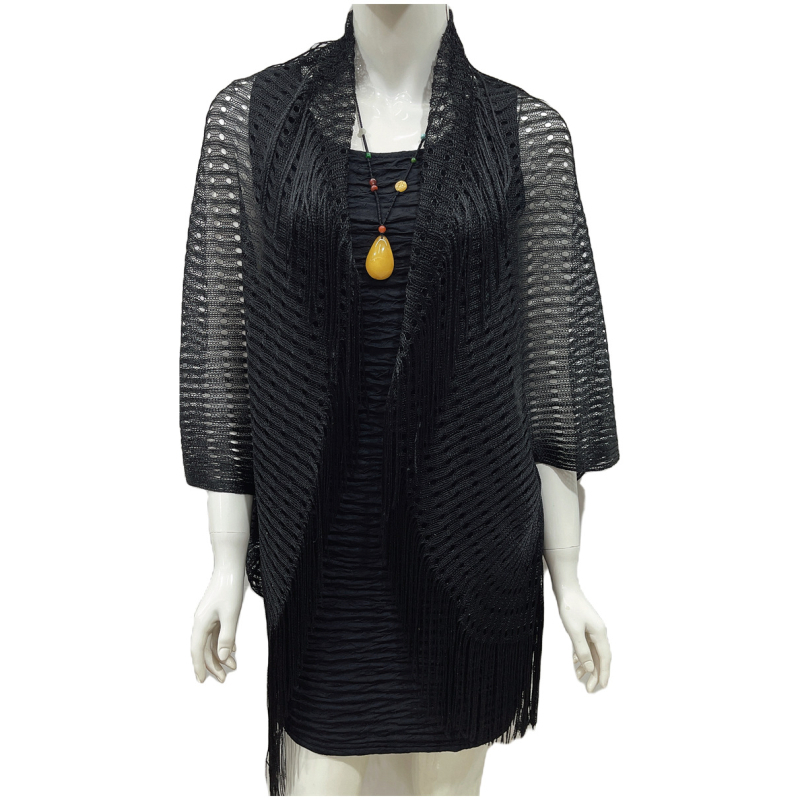 Cardigan-șal tricotat din poliester, cu mâneci batwing, cu ciucuri deschiși, protecție solară, 100% poliester