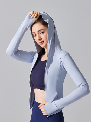 Jachetă de protecție solară cu glugă din nylon UPF50+ — ușoară, respirabilă, rezistentă la vânt; potrivită pentru alergare, yoga, drumeții și ciclism; lungime normală