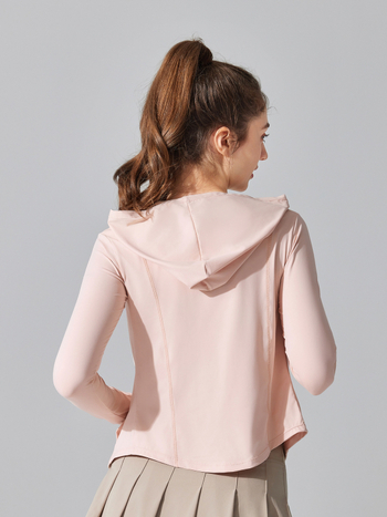 Jachetă de protecție solară cu glugă din nylon UPF50+ — ușoară, respirabilă, rezistentă la vânt; potrivită pentru alergare, yoga, drumeții și ciclism; lungime normală