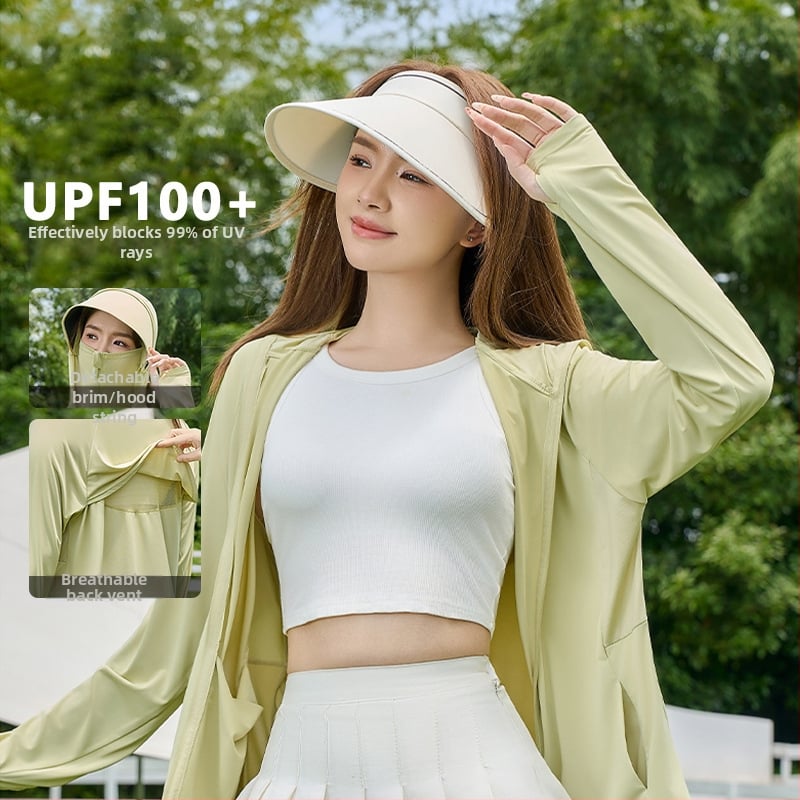 Geacă UV pentru femei cu glugă, ușoară și respirabilă, materiale poliester (conținut 81–95%), vara 2025