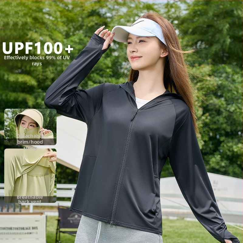 Geacă UV pentru femei cu glugă, ușoară și respirabilă, materiale poliester (conținut 81–95%), vara 2025