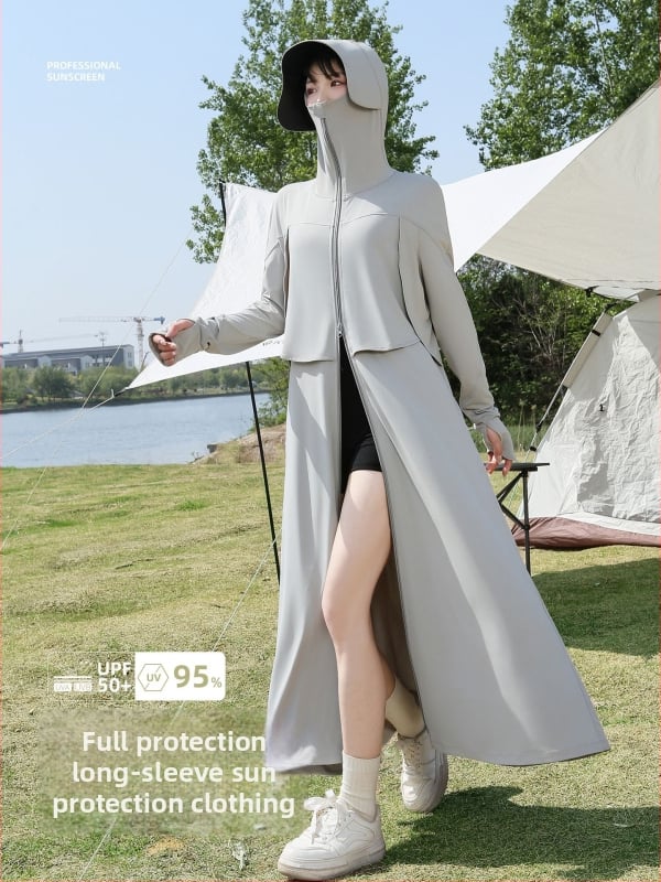 Szabadon szabott hosszú napvédő ruha nőknek, extrahosszú fazon, UPF50+, poliészter, hosszú ujjak