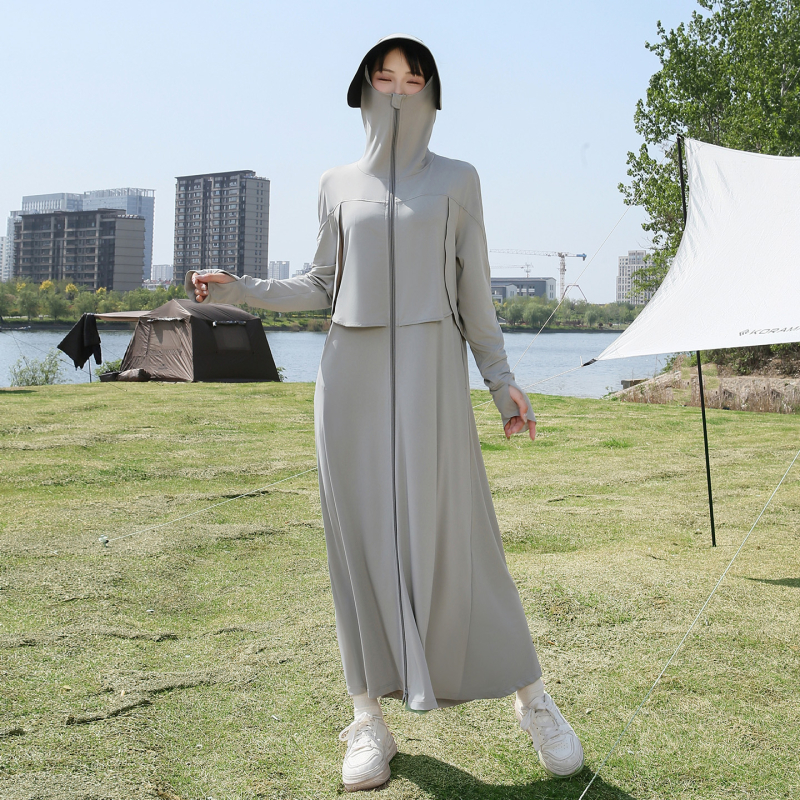 Szabadon szabott hosszú napvédő ruha nőknek, extrahosszú fazon, UPF50+, poliészter, hosszú ujjak