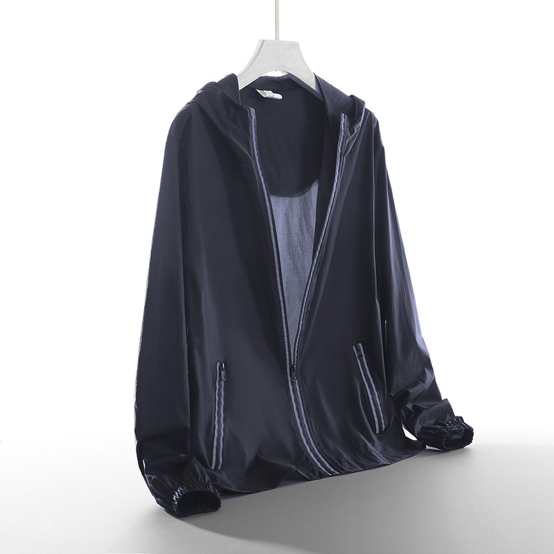 Férfiaknak könnyű napvédő kapucnis kabát, laza szabású, plusz méret, poliészter