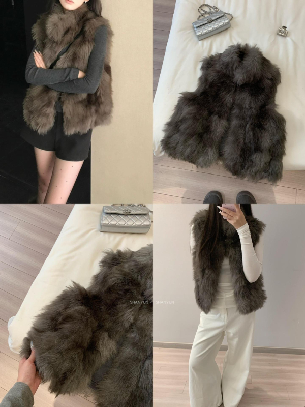 Ženska vesta od poliester tkanine s umjetnim lisicim krznom, ultra tanka, ultra kratka duljina, bez rukava, elegantan gradski stil