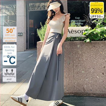 Fustă de protecție solară cu șnururi, material Ice Silk, lungime peste genunchi, stil plajă, UV50+