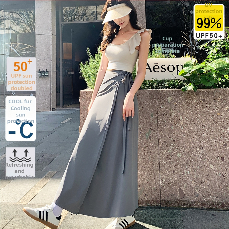 Viengabala saules aizsardzības svārki ar saitēm, Ice Silk audums, virs ceļgala, pludmales stils, UV50+