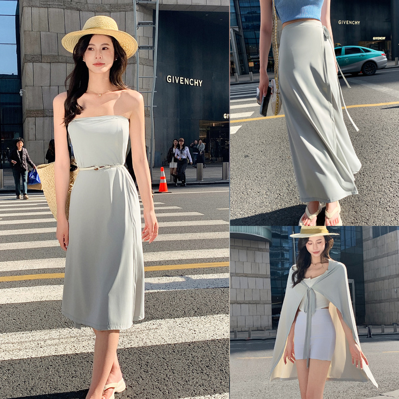 Fustă de protecție solară cu șnururi, material Ice Silk, lungime peste genunchi, stil plajă, UV50+