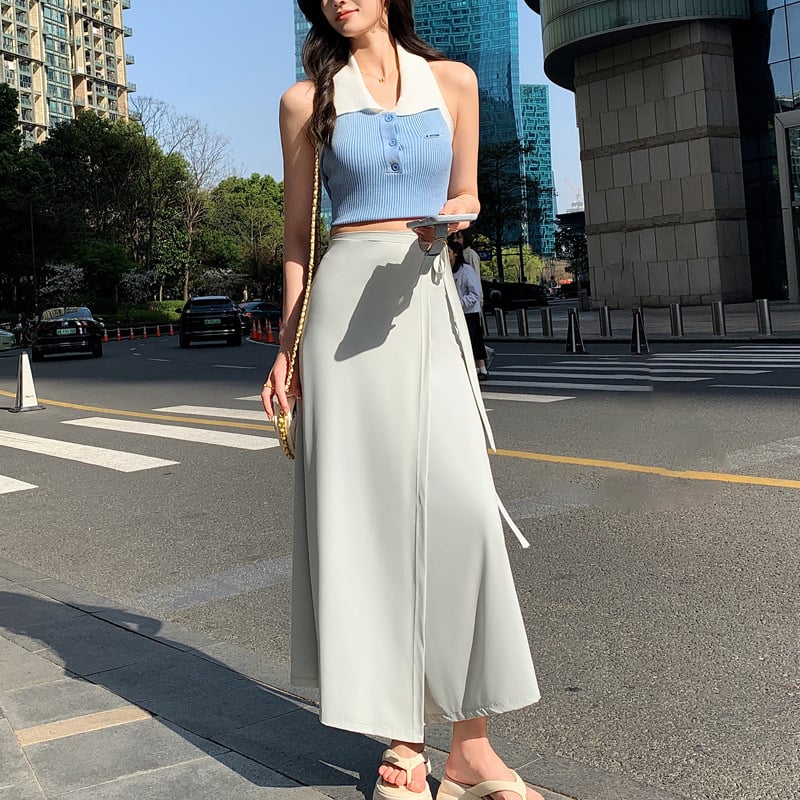 Fustă de protecție solară cu șnururi, material Ice Silk, lungime peste genunchi, stil plajă, UV50+