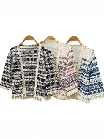 Pamutból készült etno stílusú kardigán, rövid szabású, hosszú ujjú, színösszehangolt mintázat