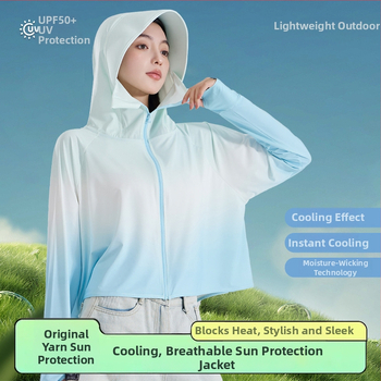Női gradient UV-védő felső kapucnival, vékony poliészterből, Slim fit, UPF50+