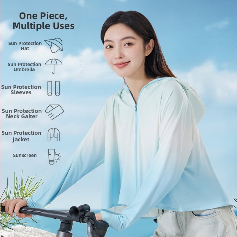 Női gradient UV-védő felső kapucnival, vékony poliészterből, Slim fit, UPF50+