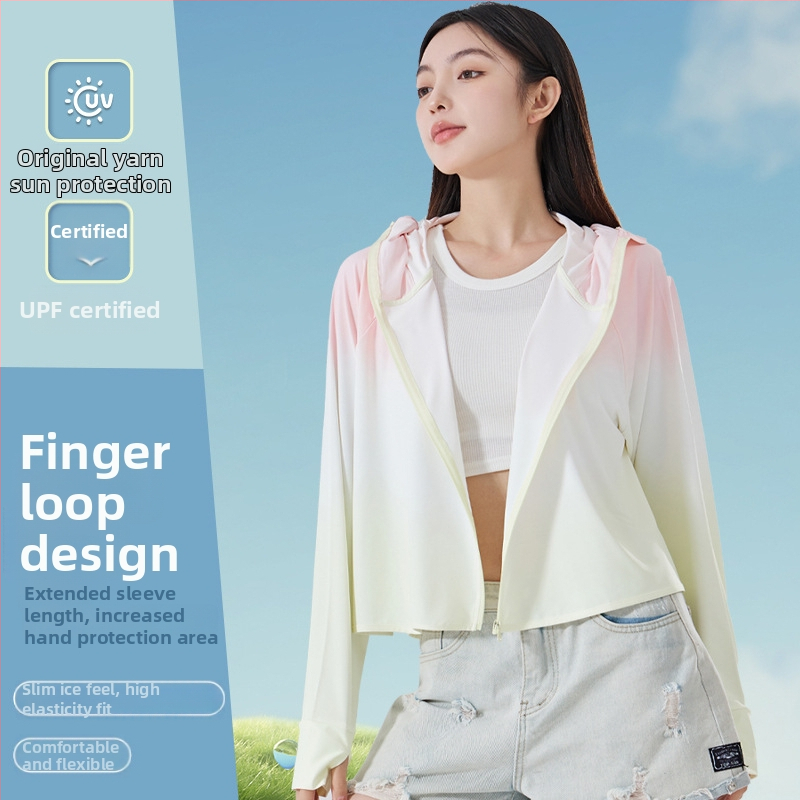 Női gradient UV-védő felső kapucnival, vékony poliészterből, Slim fit, UPF50+