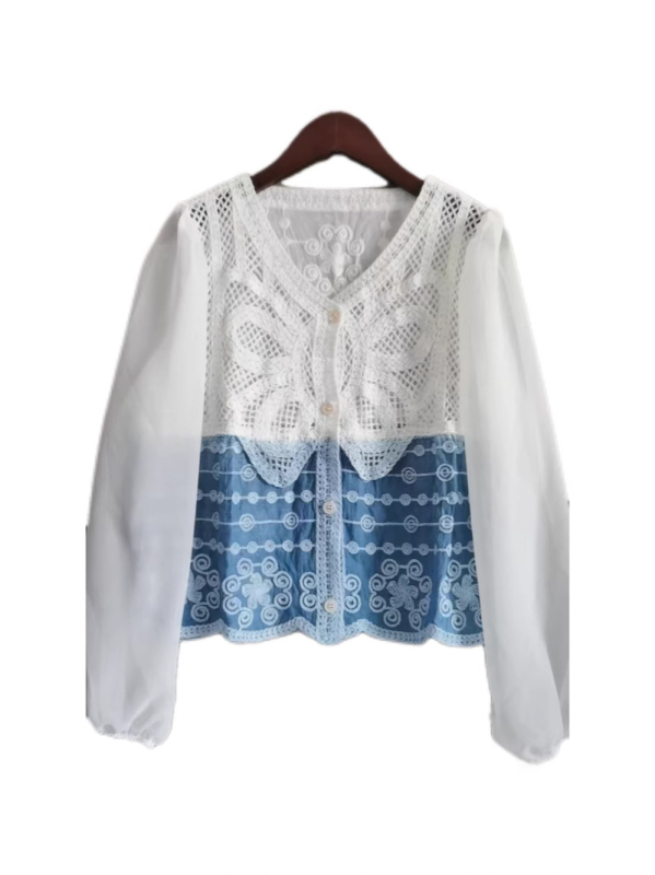 Csipkés kardigán etnikus stílusban, V-nyakú, harang alakú ujjak, anyag Tencel Lyocell, karcsúsított szabás