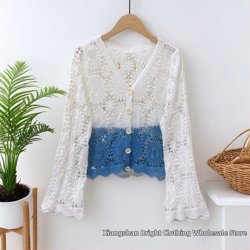 Csipkés kardigán etnikus stílusban, V-nyakú, harang alakú ujjak, anyag Tencel Lyocell, karcsúsított szabás