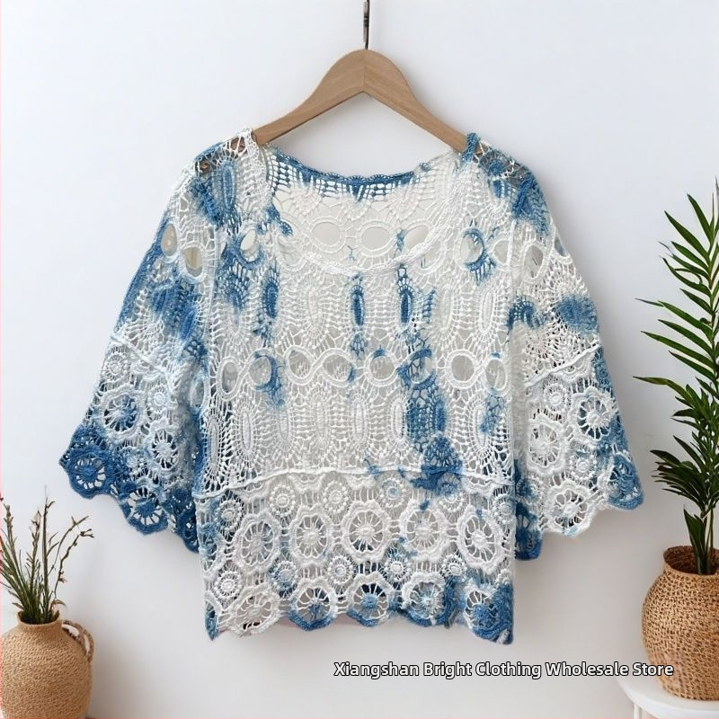 Csipkés kardigán etnikus stílusban, V-nyakú, harang alakú ujjak, anyag Tencel Lyocell, karcsúsított szabás