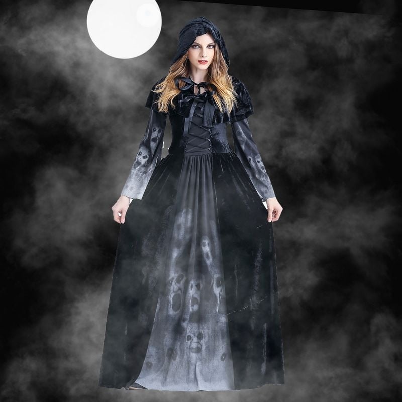 Halloween kostim: Duga haljina Grim Reaper s motivima kostura-vampira, za žene, scenski kostim, poliester, uzrast 30–34