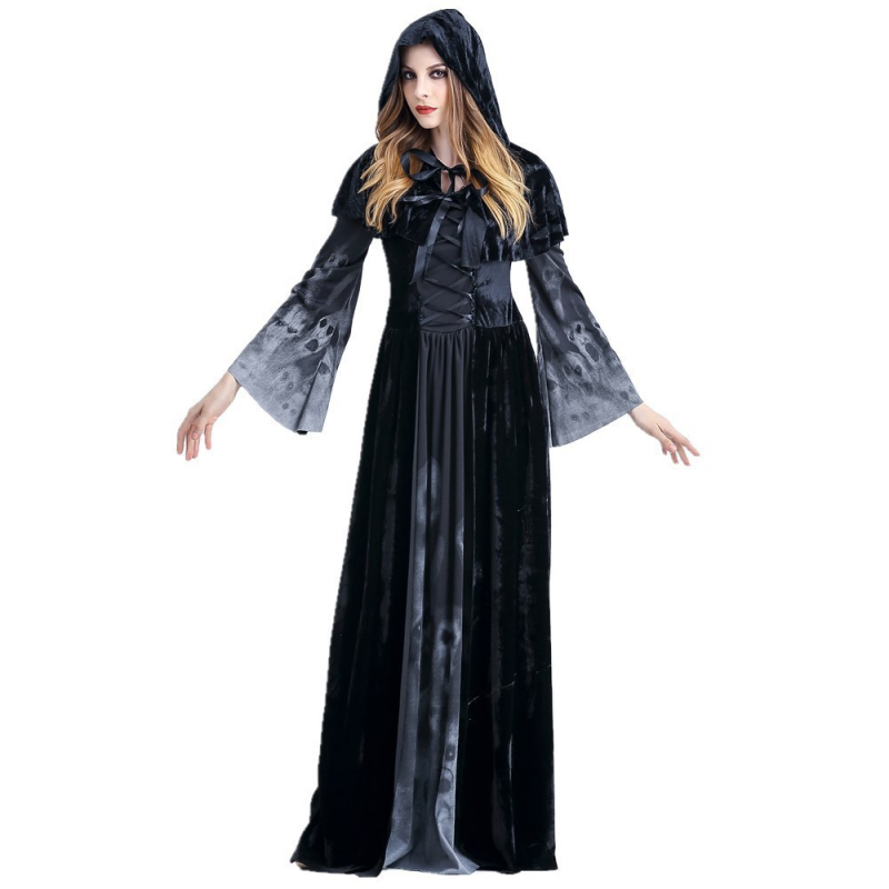 Halloween kostim: Duga haljina Grim Reaper s motivima kostura-vampira, za žene, scenski kostim, poliester, uzrast 30–34