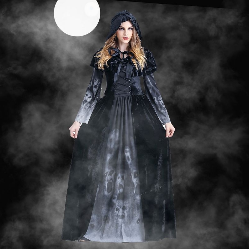 Halloween kostim: Duga haljina Grim Reaper s motivima kostura-vampira, za žene, scenski kostim, poliester, uzrast 30–34