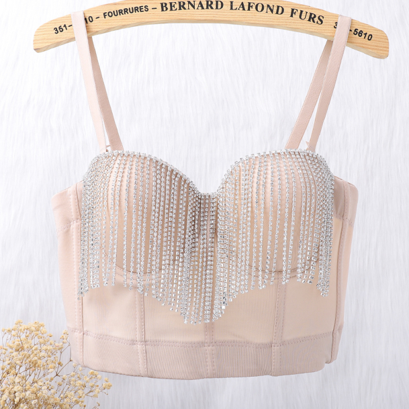 Montisha Donje rublje za oblikovanje Belly Dance s lancem resica i dijamantnim perlicama, kratki stražnji izrez, Milk Silk, acetat 80–90%, Spandex <30%, za žene, jesen 2023