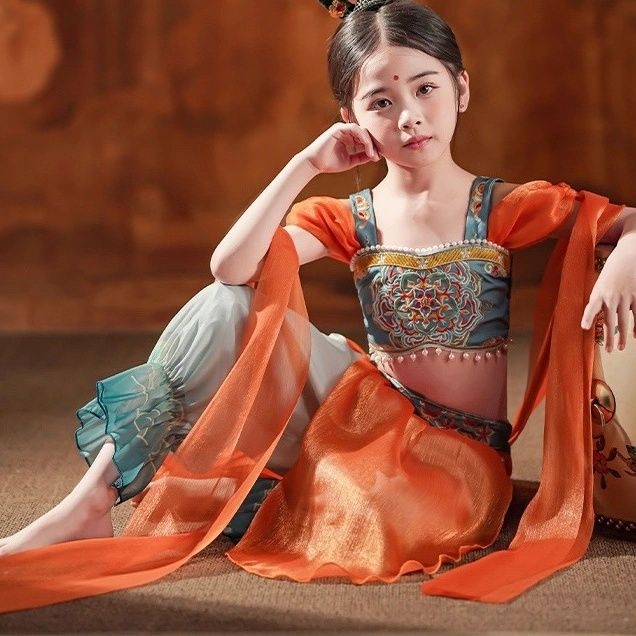 Dječji plesni kostim inspiriran Dunhuang Feitian bubanj plesom, Hanfu pojas za struk za djevojčice do 17 godina – klasični folklorni ples