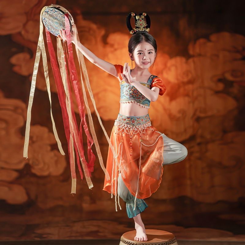 Dječji plesni kostim inspiriran Dunhuang Feitian bubanj plesom, Hanfu pojas za struk za djevojčice do 17 godina – klasični folklorni ples