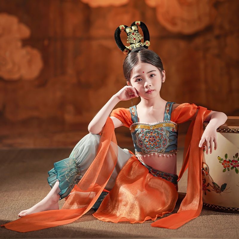 Dječji plesni kostim inspiriran Dunhuang Feitian bubanj plesom, Hanfu pojas za struk za djevojčice do 17 godina – klasični folklorni ples