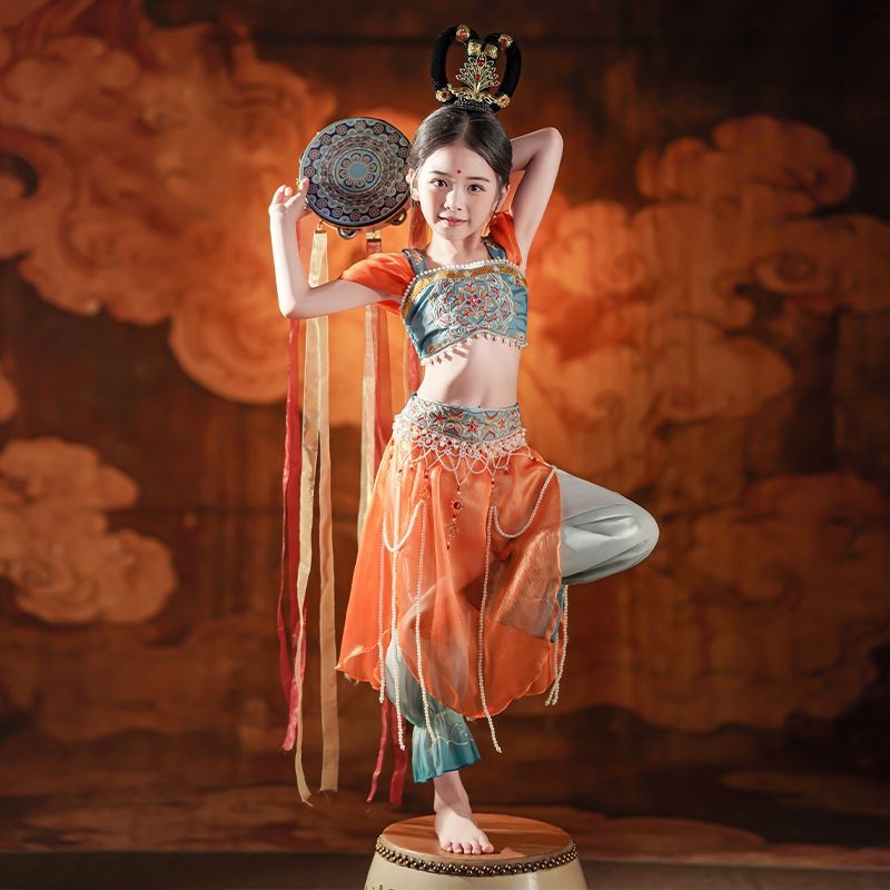Dječji plesni kostim inspiriran Dunhuang Feitian bubanj plesom, Hanfu pojas za struk za djevojčice do 17 godina – klasični folklorni ples