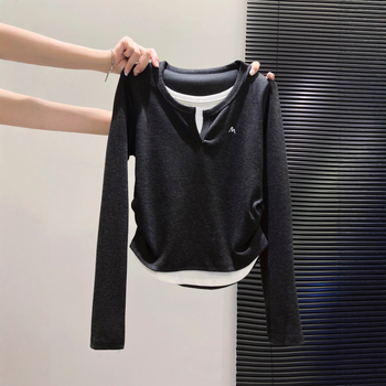 Ženska majica s dugim rukavima i okruglim izrezom, uski kroj, Derong tkanina (poliester + modal), izšiven geometrijski uzorak, elegantan stil, velike veličine