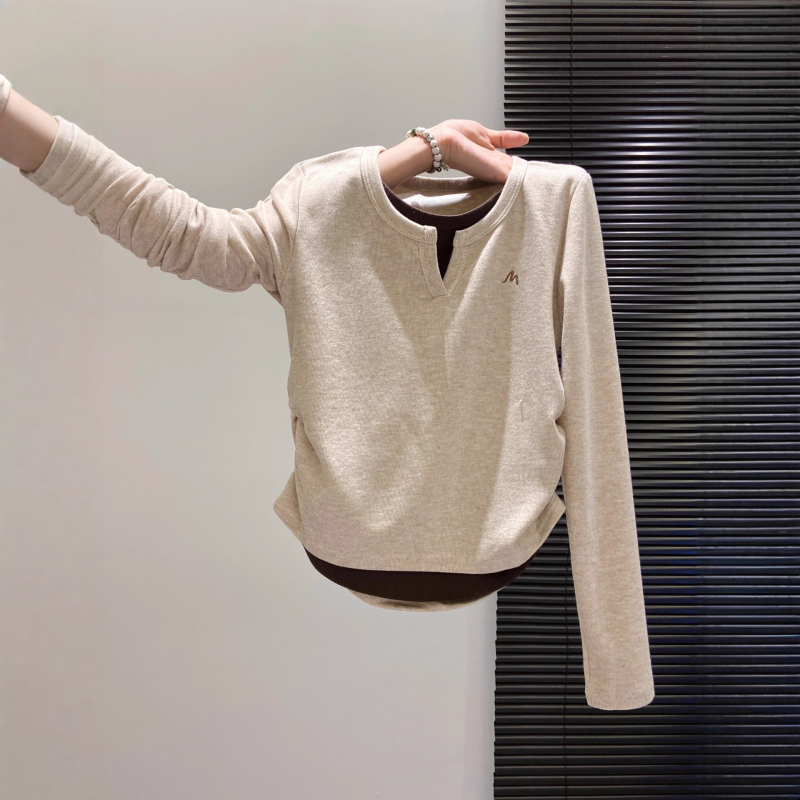 Ženska majica s dugim rukavima i okruglim izrezom, uski kroj, Derong tkanina (poliester + modal), izšiven geometrijski uzorak, elegantan stil, velike veličine