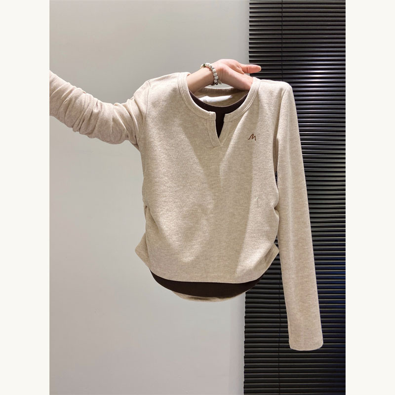 Ženska majica s dugim rukavima i okruglim izrezom, uski kroj, Derong tkanina (poliester + modal), izšiven geometrijski uzorak, elegantan stil, velike veličine