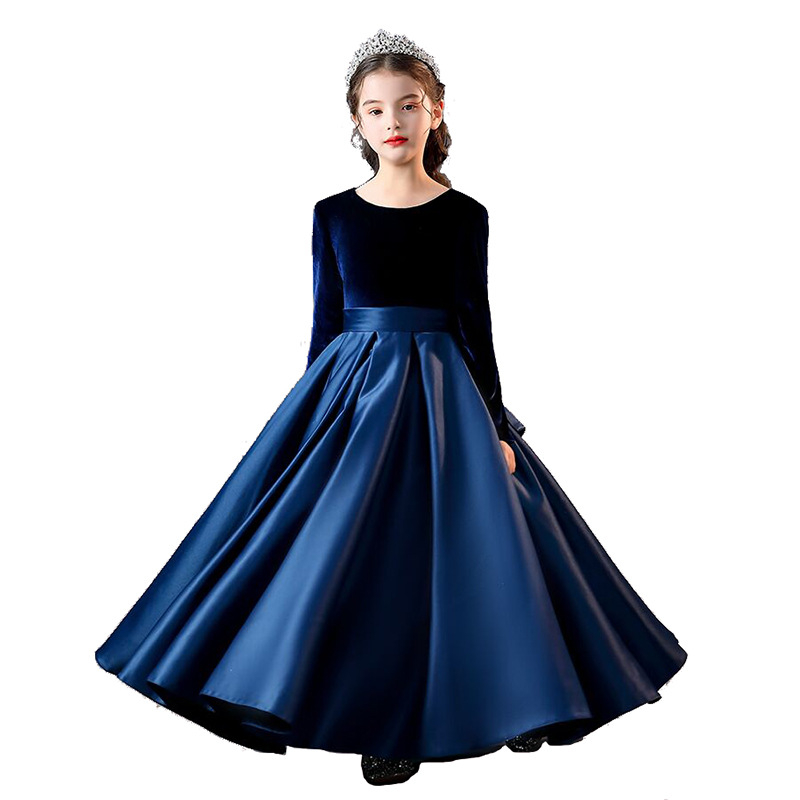 Детска рокля за хорова и пиано изпълнения, дълга рокля за момичета, кадифена полиестерна материя 80% с ензимно измиване, дълги ръкави, за деца 3-8 години, всички сезони