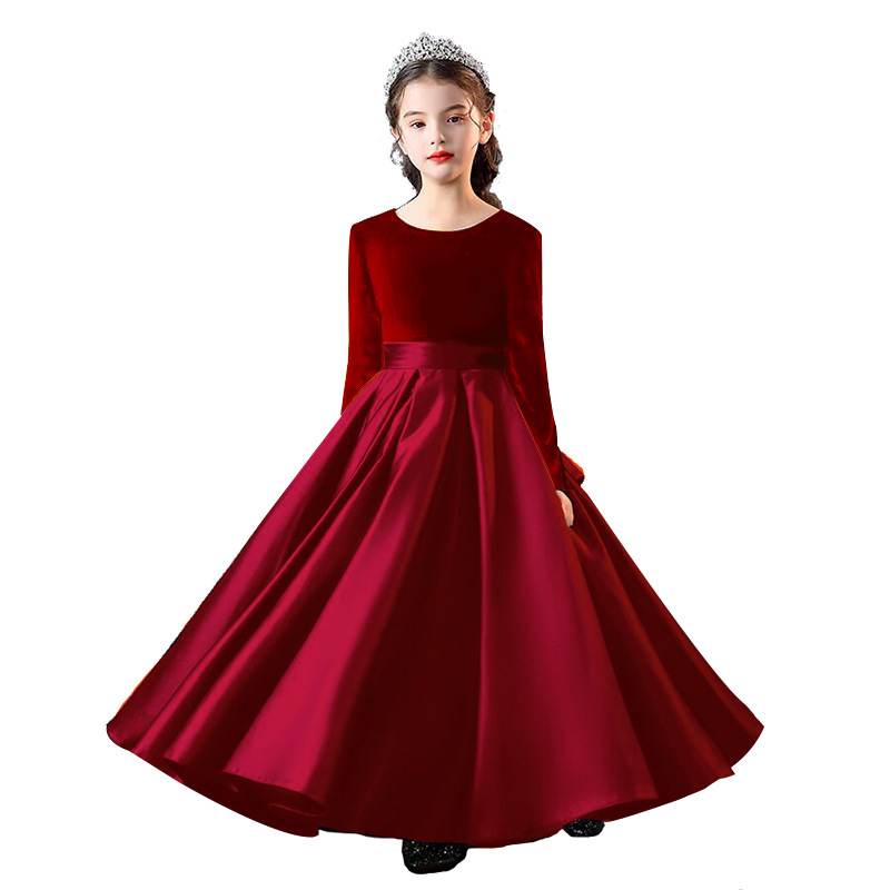 Детска рокля за хорова и пиано изпълнения, дълга рокля за момичета, кадифена полиестерна материя 80% с ензимно измиване, дълги ръкави, за деца 3-8 години, всички сезони