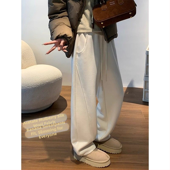 Γυναικείες φαρδιές παντελόνες από μαλλί, casual με fleece επένδυση, άνοιξη 2024