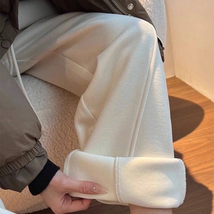 Γυναικείες φαρδιές παντελόνες από μαλλί, casual με fleece επένδυση, άνοιξη 2024