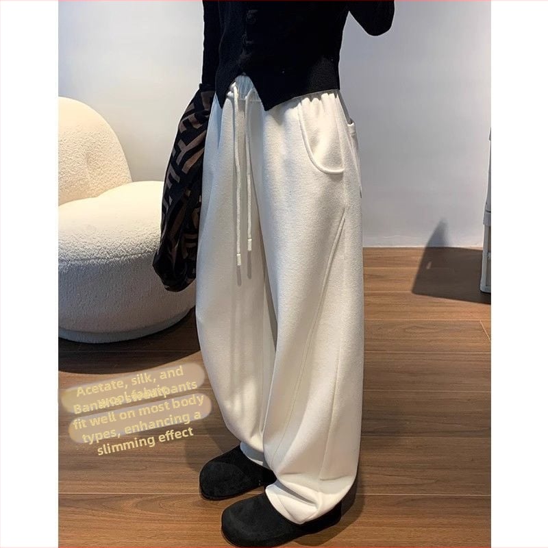 Γυναικείες φαρδιές παντελόνες από μαλλί, casual με fleece επένδυση, άνοιξη 2024