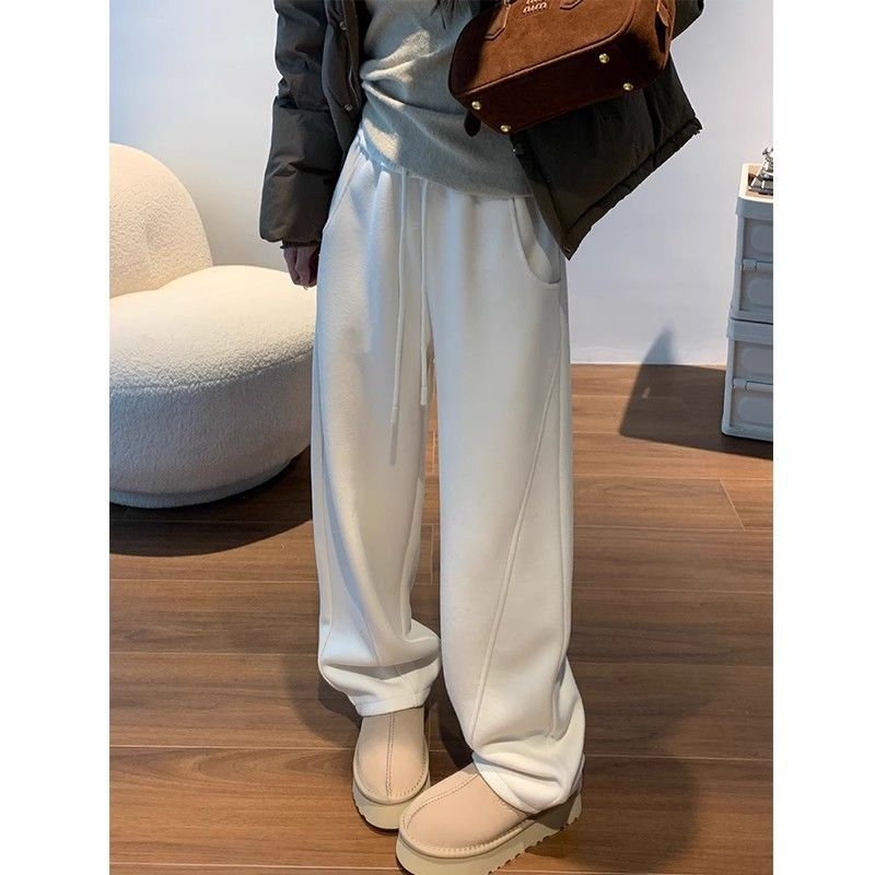 Γυναικείες φαρδιές παντελόνες από μαλλί, casual με fleece επένδυση, άνοιξη 2024