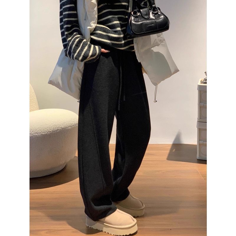 Γυναικείες φαρδιές παντελόνες από μαλλί, casual με fleece επένδυση, άνοιξη 2024