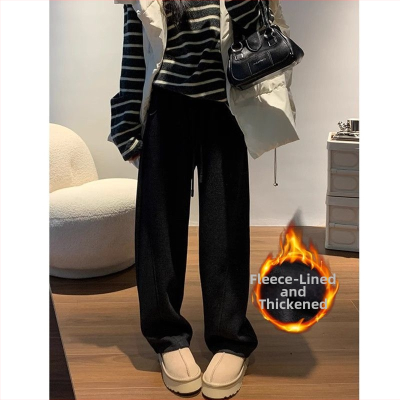 Γυναικείες φαρδιές παντελόνες από μαλλί, casual με fleece επένδυση, άνοιξη 2024