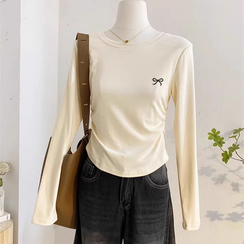 Ženski T-shirt s dugim rukavima, 92% pamuk, jednobojna boja, uski kroj u struku s plisom, okrugli izrez, pogodno za proljeće i jesen, za slojevito nošenje