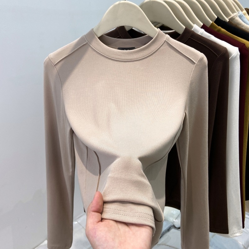 Ženska majica T-shirt s okruglim izrezom, dugi rukavi, uska kroj, 70–80% viskoze, viskozna tkanina, proljeće 2025