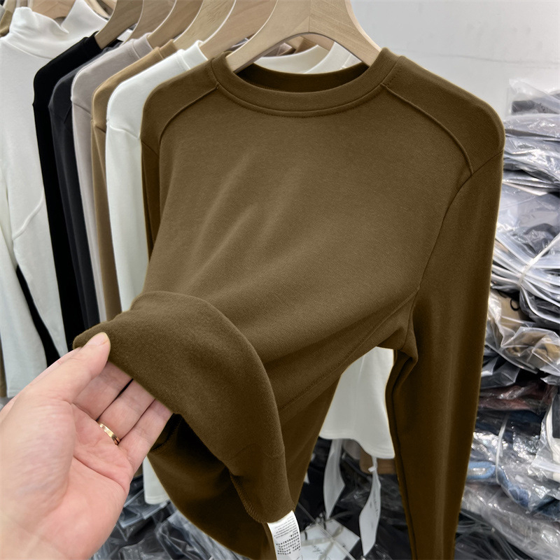 Ženska majica T-shirt s okruglim izrezom, dugi rukavi, uska kroj, 70–80% viskoze, viskozna tkanina, proljeće 2025