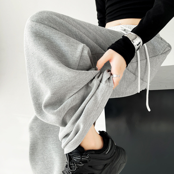 Γυναικείες παντελόνες φόρμας με υψηλή μέση και φαρδιά γραμμή, μέχρι πάτωμα, με κορδόνι, μίγμα βαμβάκι-πολυεστέρα