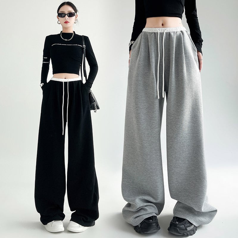 Γυναικείες παντελόνες φόρμας με υψηλή μέση και φαρδιά γραμμή, μέχρι πάτωμα, με κορδόνι, μίγμα βαμβάκι-πολυεστέρα