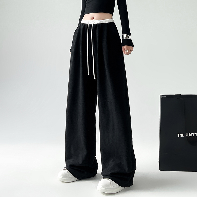 Γυναικείες παντελόνες φόρμας με υψηλή μέση και φαρδιά γραμμή, μέχρι πάτωμα, με κορδόνι, μίγμα βαμβάκι-πολυεστέρα